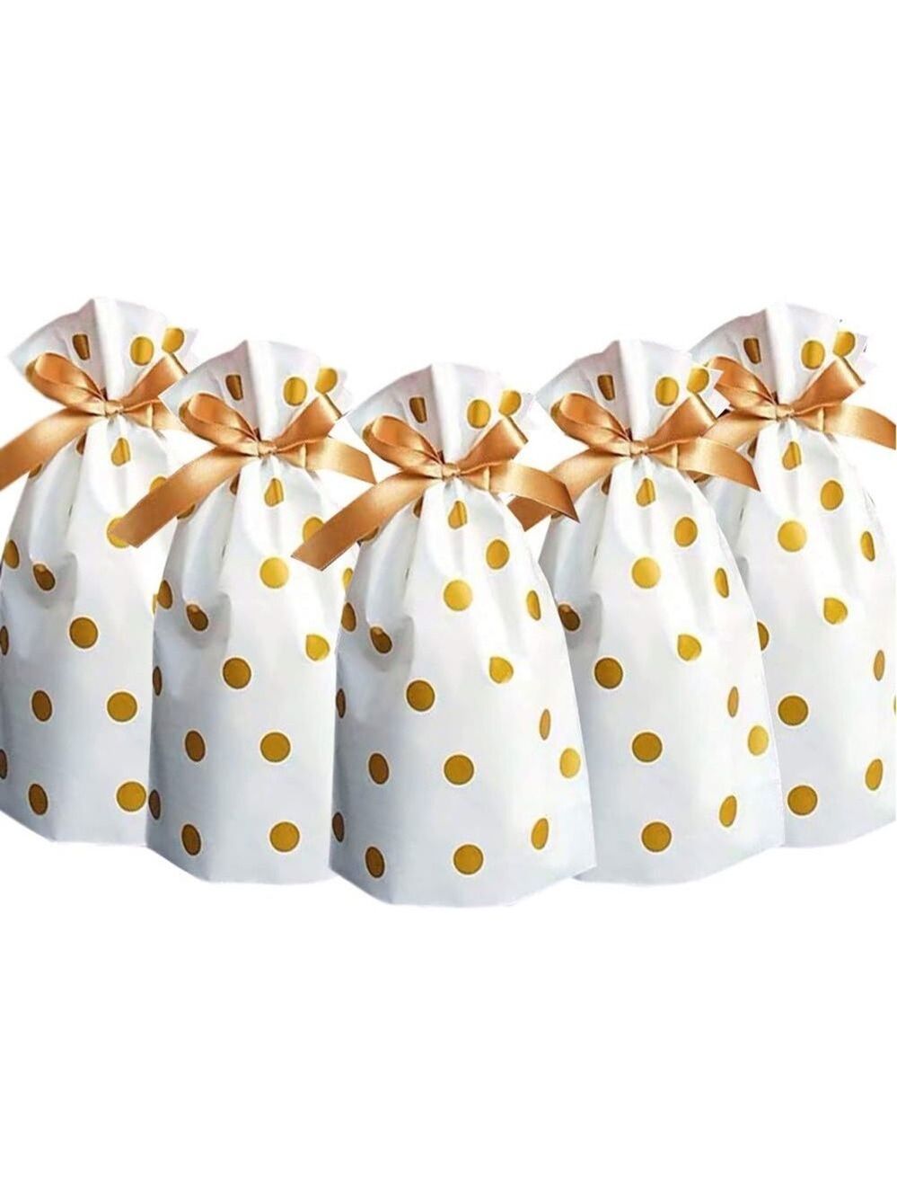 50 Gold Polka Dot Party Favor Bags Plastic with Drawstring 5.8x9x2.4 inch